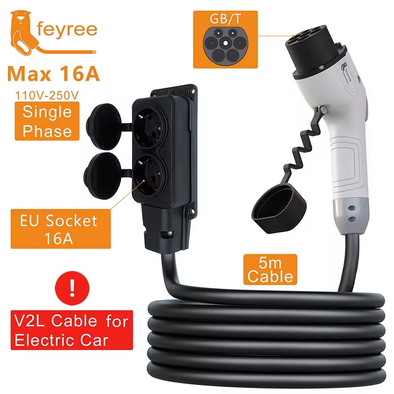 Outdoor Power Plug - Feyree V2Lケーブル放電プラグEV充電器GBTソケット16A充電ケーブル5m EUアダプター付き屋外電源ステーション電気自動車用